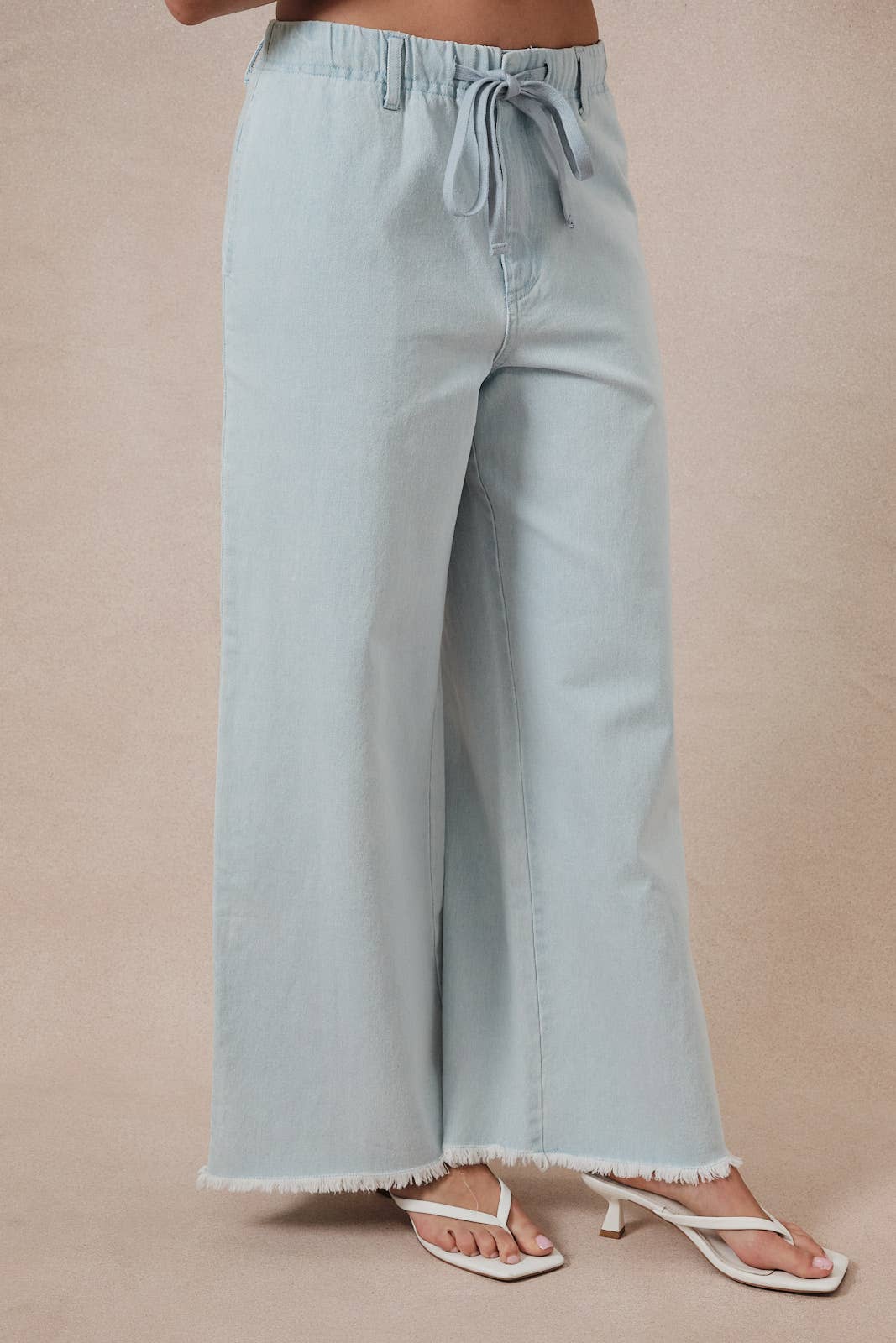Washed Denim Twill Wide Leg Pants w/ Frayed Hem-136798
