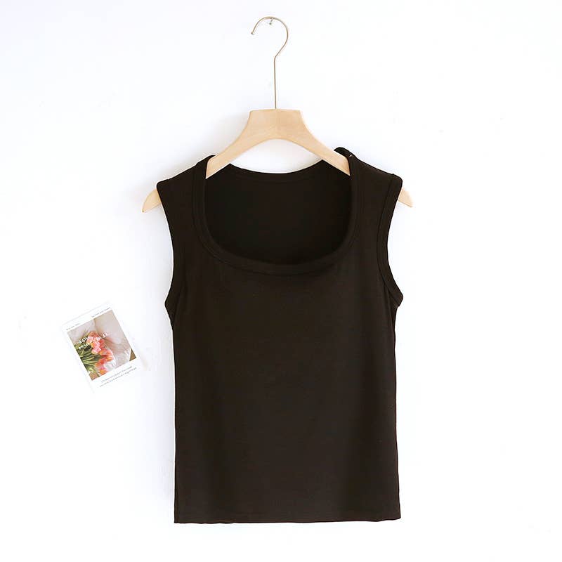 Black Queen-Anne Neck Built-In Bra Tank Top-184405