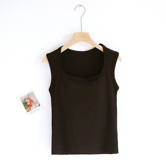 Black Queen-Anne Neck Built-In Bra Tank Top-184405