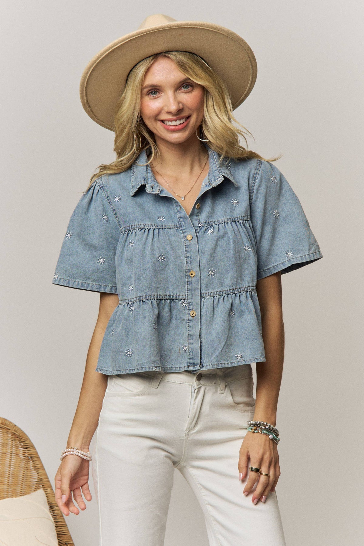 Denim Star Tiered Embroidered Shirt-144516