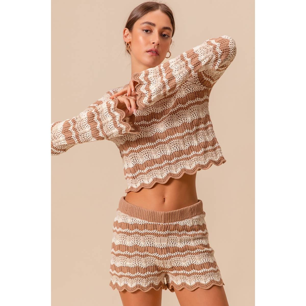 Black Combo Crochet Knitted Scallop Edge Top- 141137