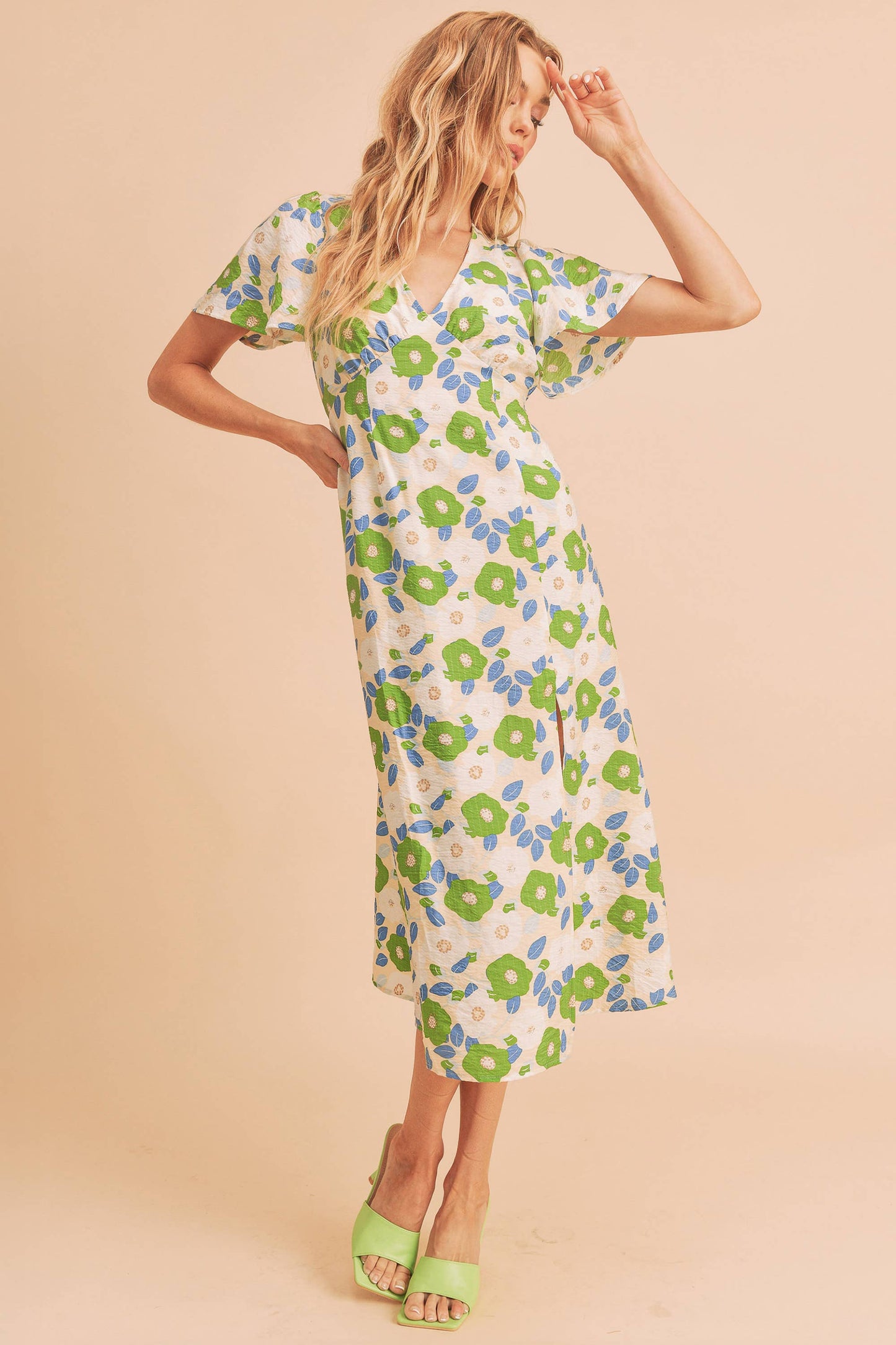 Cream w/ Green Floral Inessa Dress-124109