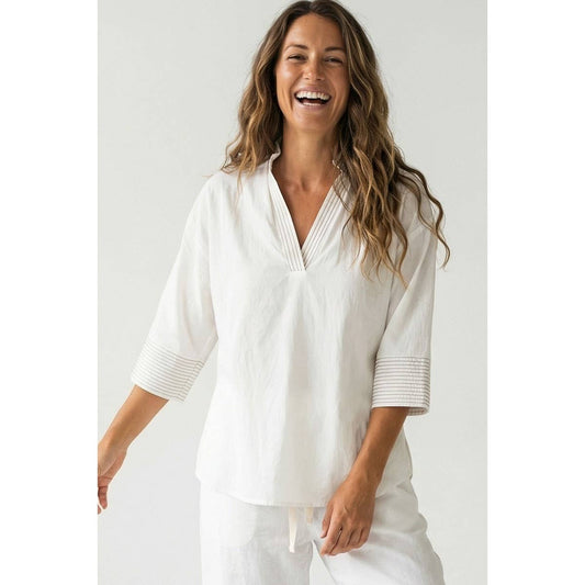 Cream w / Beige Stitch Detail V Neck and Sleeves Tunic Top - 149845