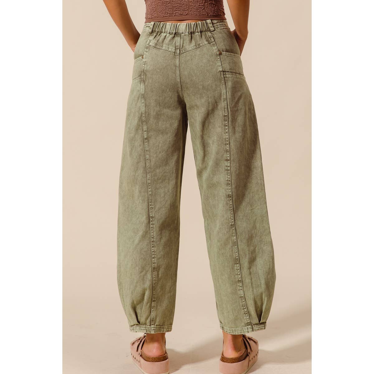 Olive Mineral-Washed Barrel Pants-131186