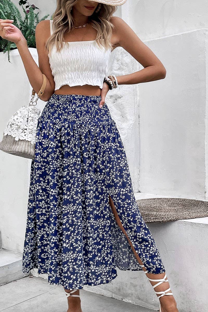 Blue and White Florally Print Smocking Flirty Midi Skirt