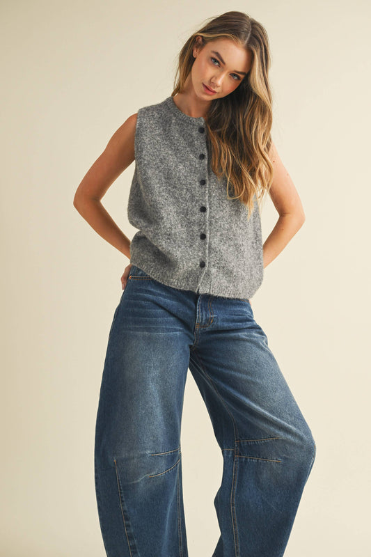 Soft Grey with Black Button Detail Sweater Vest