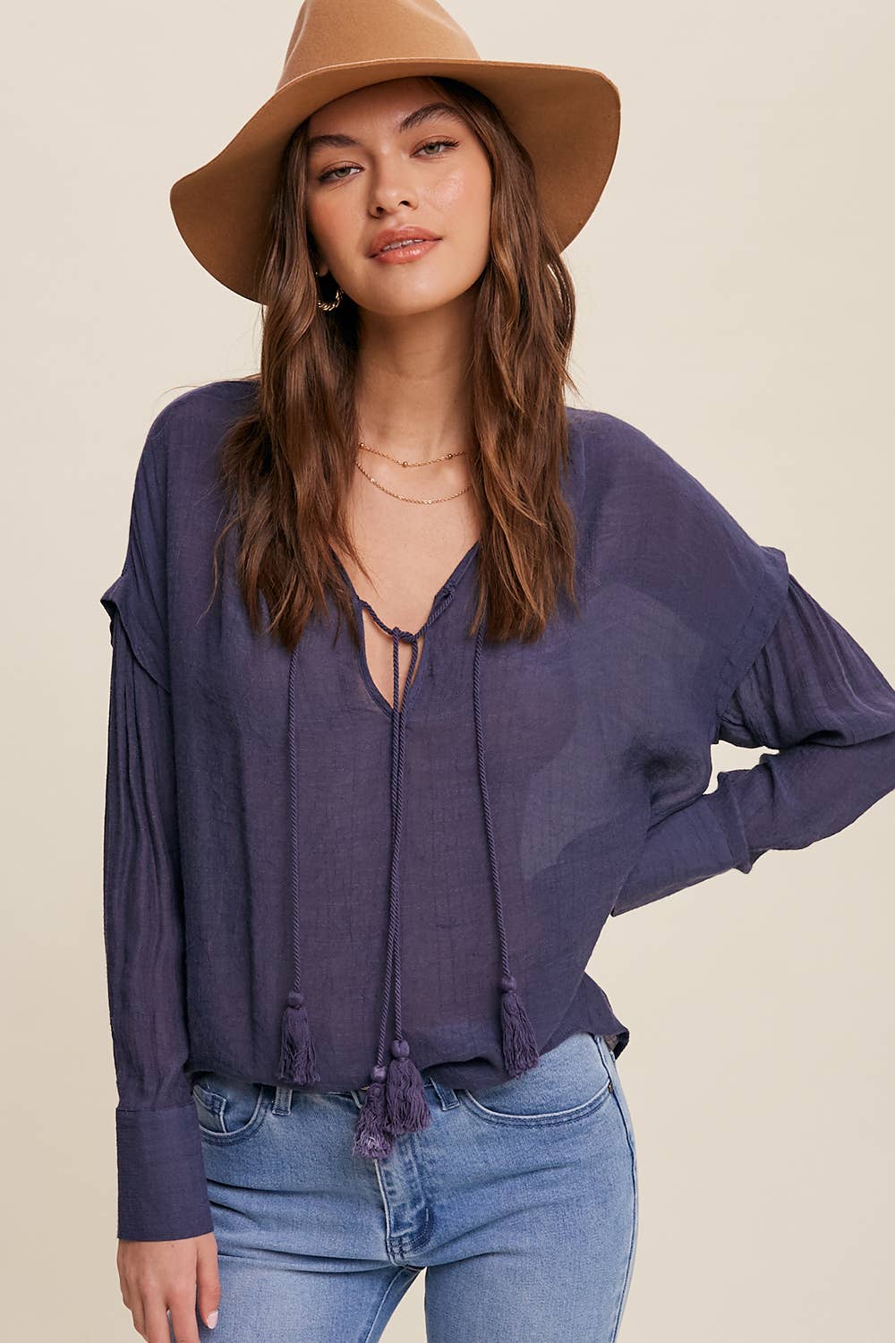 Navy Tassel Tie Boho Blouse- 140783
