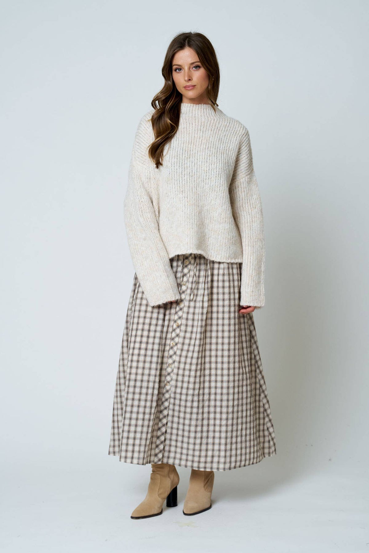 Khaki Plaid Smocked Waist Button Down Midi Skirt - 131008