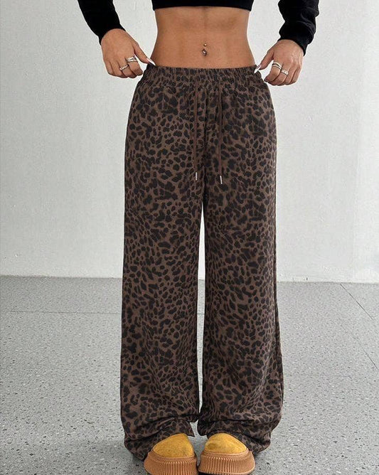 Brown Leopard Print Casual Drawstring Pants- 132533