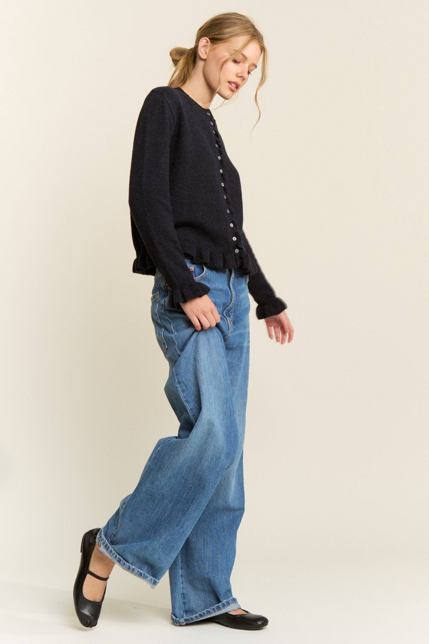 Navy Ruffle Trim Button-Up Cardigan -151015