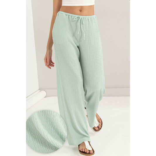 Soft Mint Crinkle Knit Wide Leg Drawstring Pants