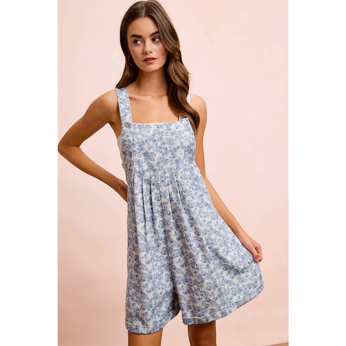 Blue Flower Printed Washed Twill Denim Shortall- 121162