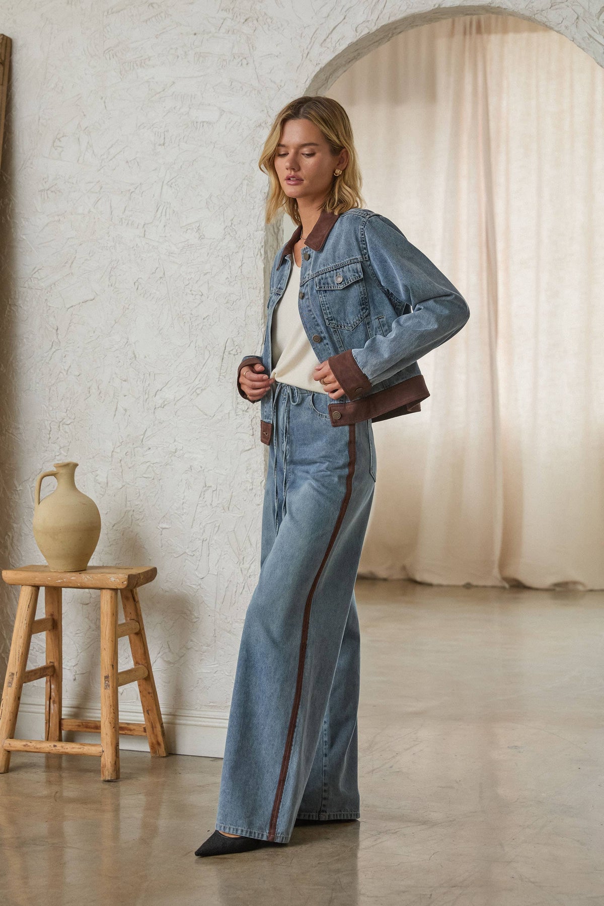 Denim Jacket w/ Faux Suede Contrast-166731