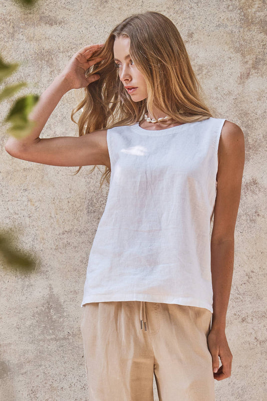 White Minimalist Keyhole Back Linen Sleeveless Top-141449