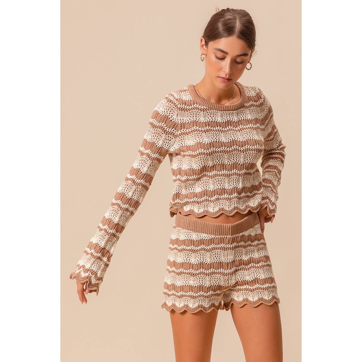 Black Combo Crochet Knitted Scallop Edge Top- 141137