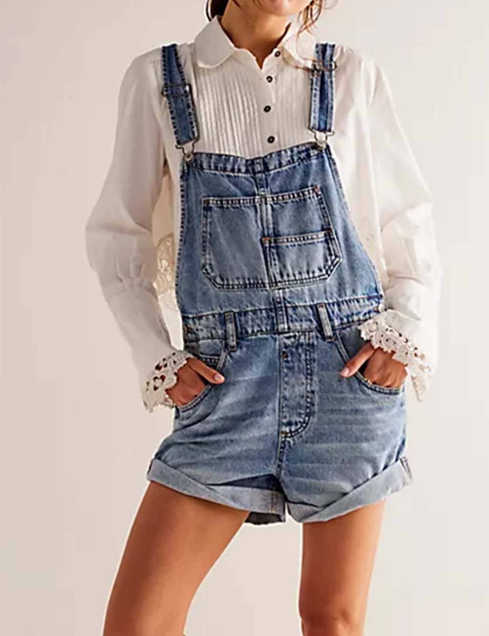 Light Denim Roll Hem Shorts Romper-111680