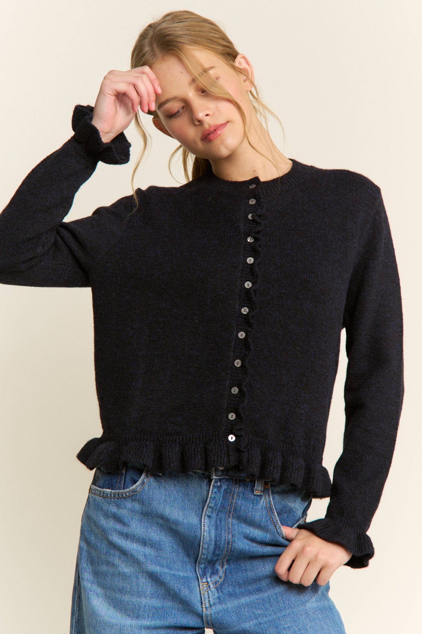 Navy Ruffle Trim Button-Up Cardigan -151015