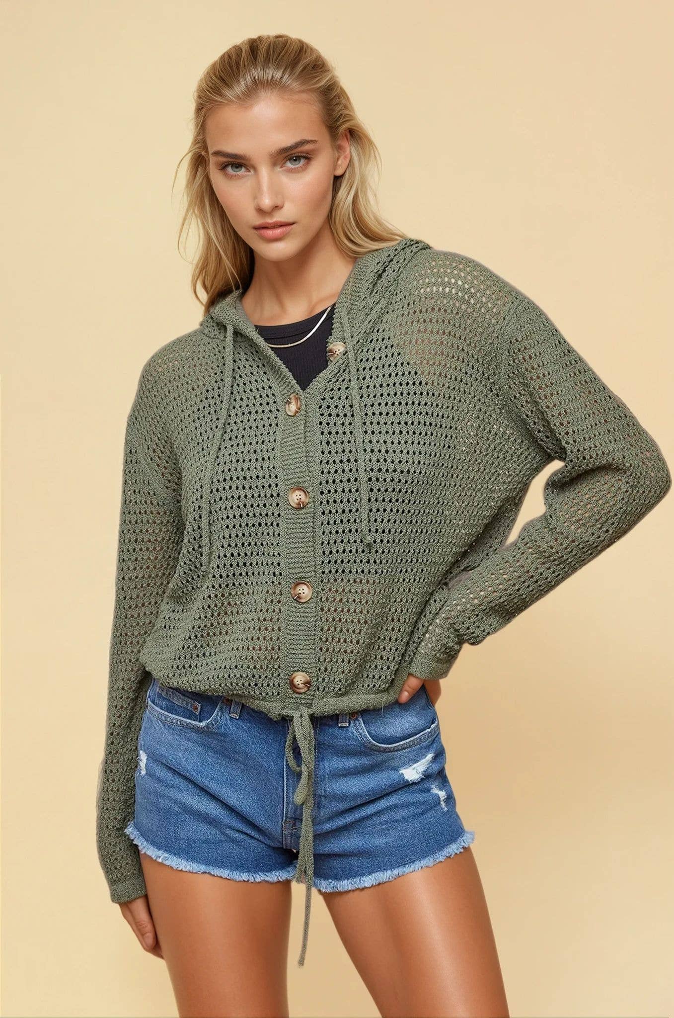 Olive Fisher Net Hoodie Cardigan With Big Wooden Button
