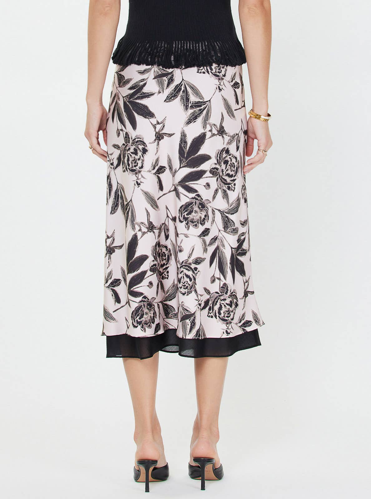 Pink w/ Black Floral Printed Midi Skirt w/Chiffon Layer-132550