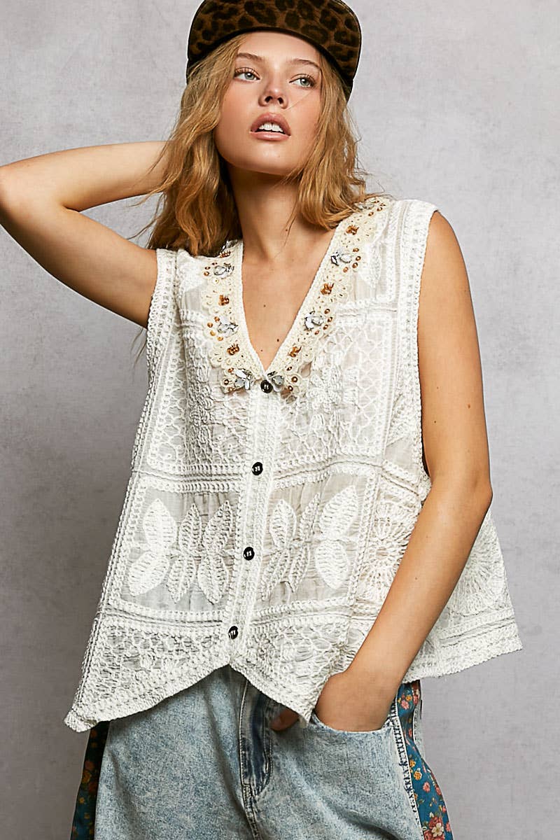 Off White Boho Crochet Lace Trim Embellishment Vest Top-141210