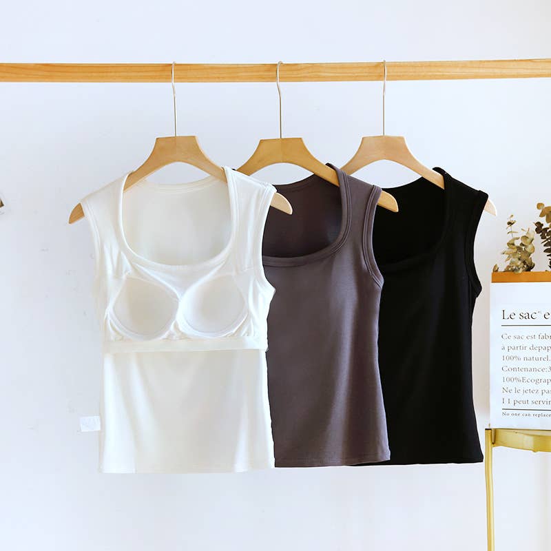 Charcoal Queen-Anne Neck Built-In Bra Tank Top-184405
