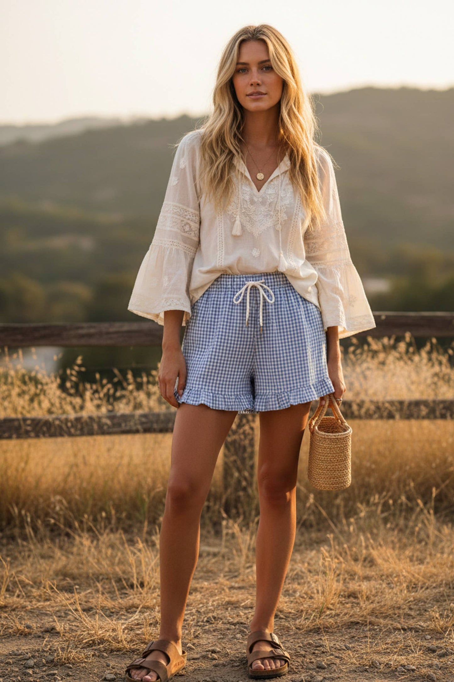 Blue Checkered Woven Ruffle Hem Shorts-112232