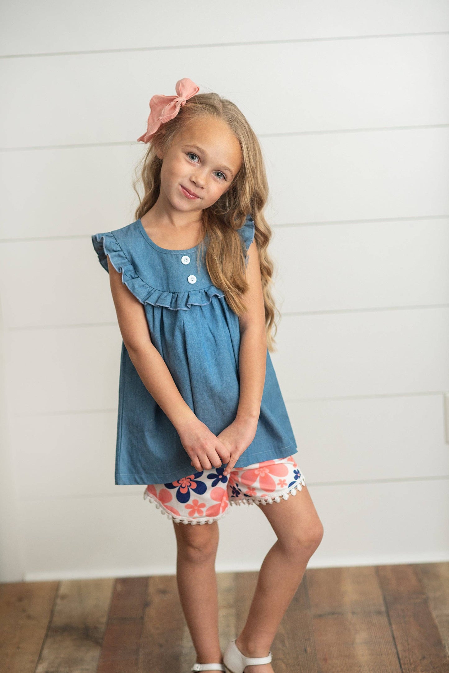 Girls Denim Flutter Top and Coral Floral Ruffle Short Set-171426
