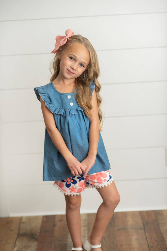 Girls Denim Flutter Top and Coral Floral Ruffle Short Set-171426
