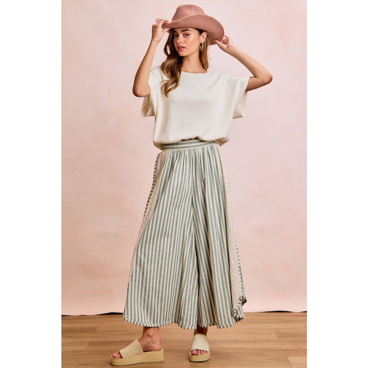 Black and White Stripe and Eyelet Side Wide Leg Pants-131889