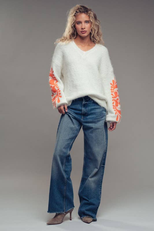 Winter White with Orange Floral Detail Sleeve Fuzzy Knit Sweater