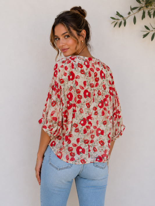 Beige and Red Poppy Bloom Button-Back Blouse - 142211