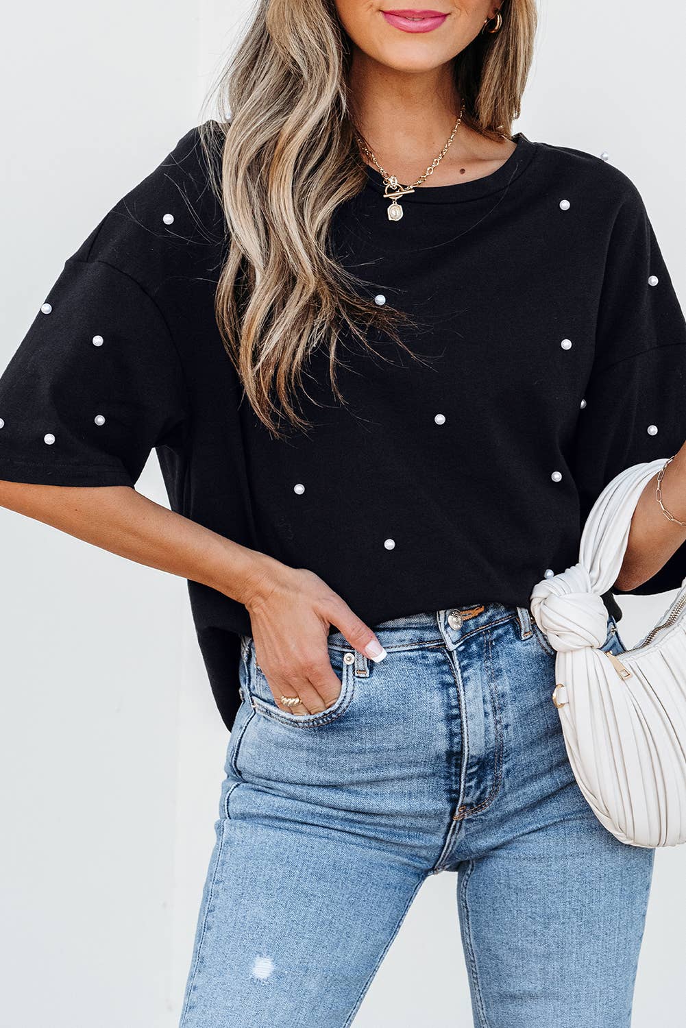Pearl Beaded Black Drop Shoulder Crewneck Tee