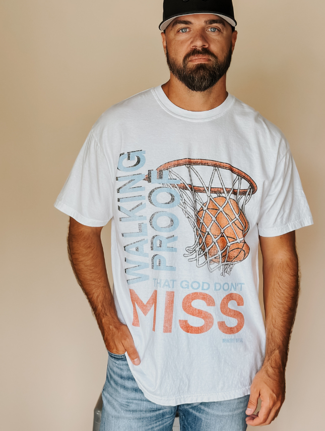 Mens White 'God Don't Miss' Inspirational Basketball Tee