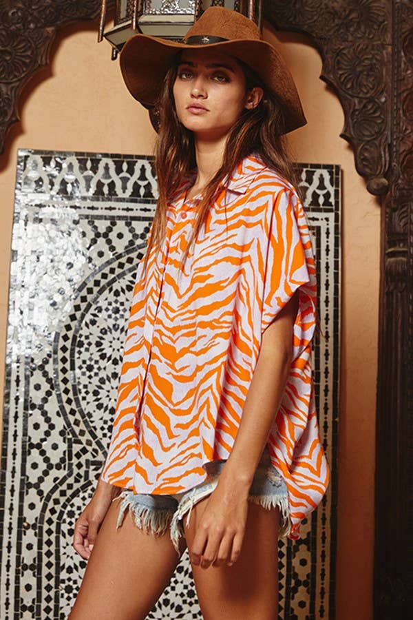 Orange and Lavender Zebra Print Button Up Blouse-121702