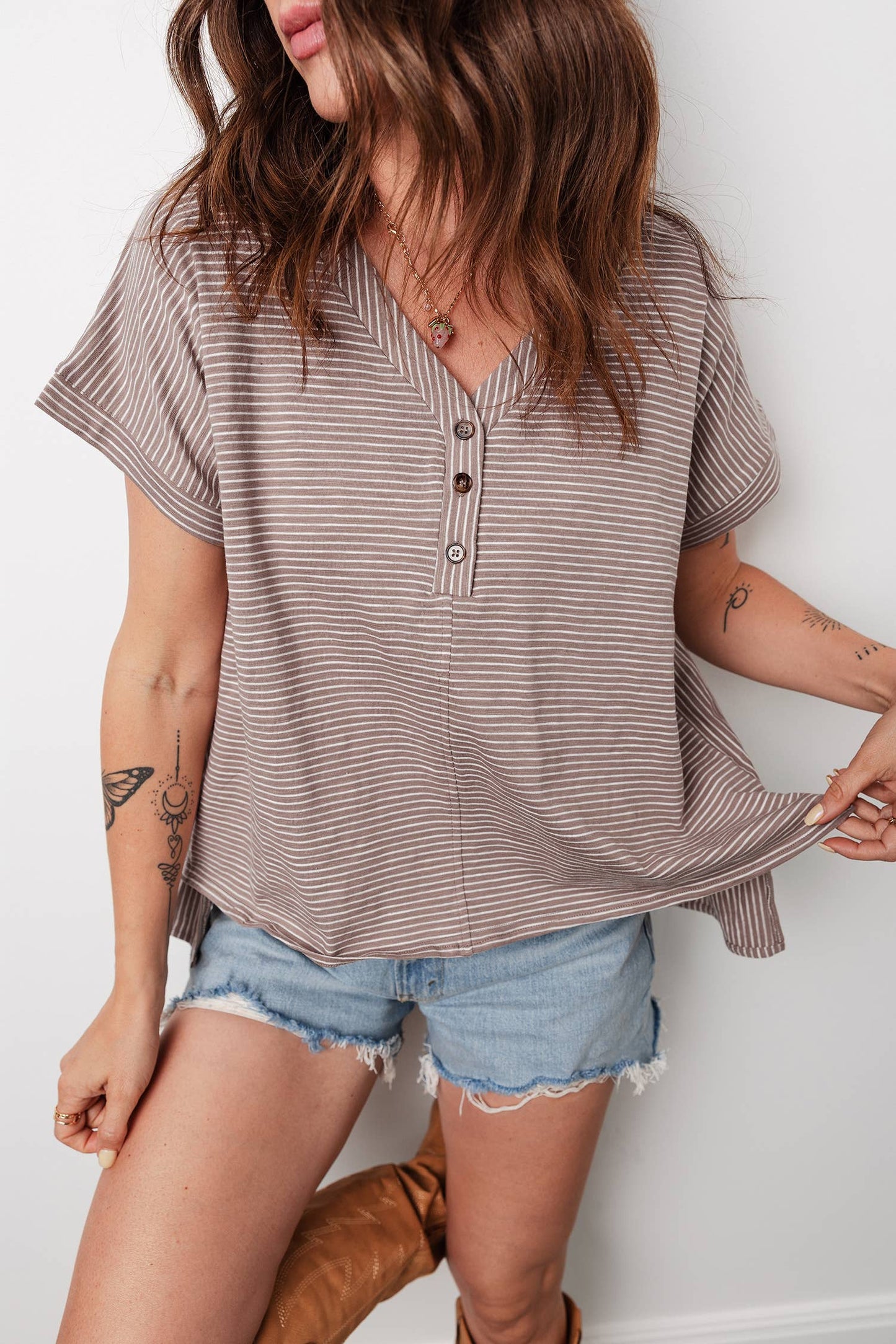 Khaki Stripe High Low Side Slit T Shirt - 142523