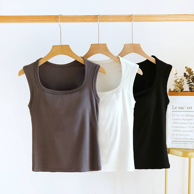 Black Queen-Anne Neck Built-In Bra Tank Top-184405