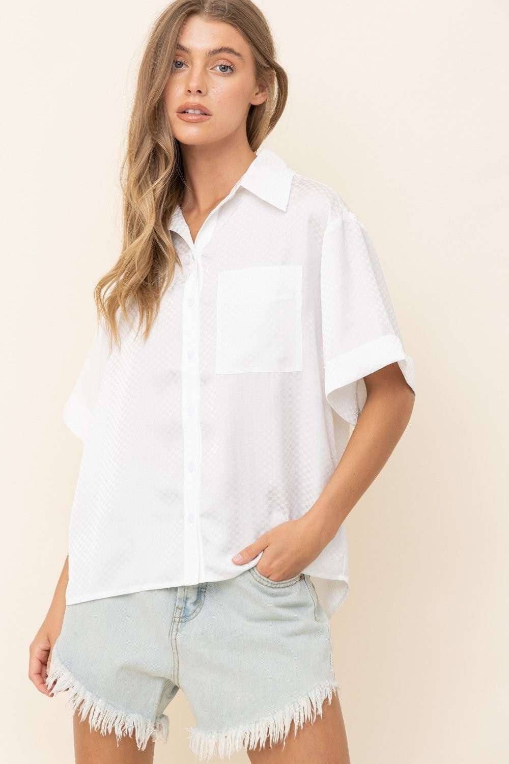 White Isla Textured Button-Up Oversized Top