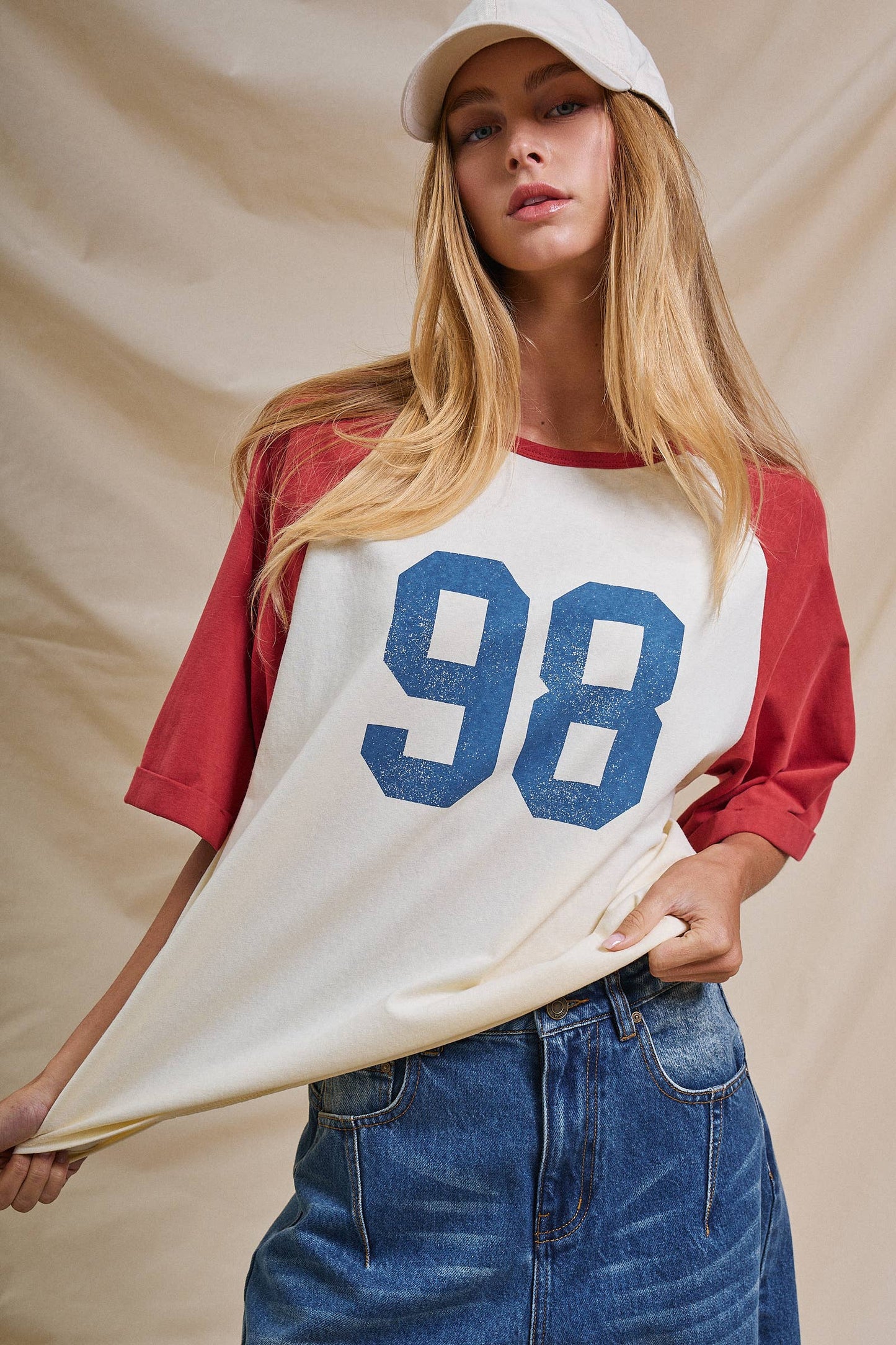 Ivory and Red Vintage Varsity  Cotton Baseball Tee - 141381