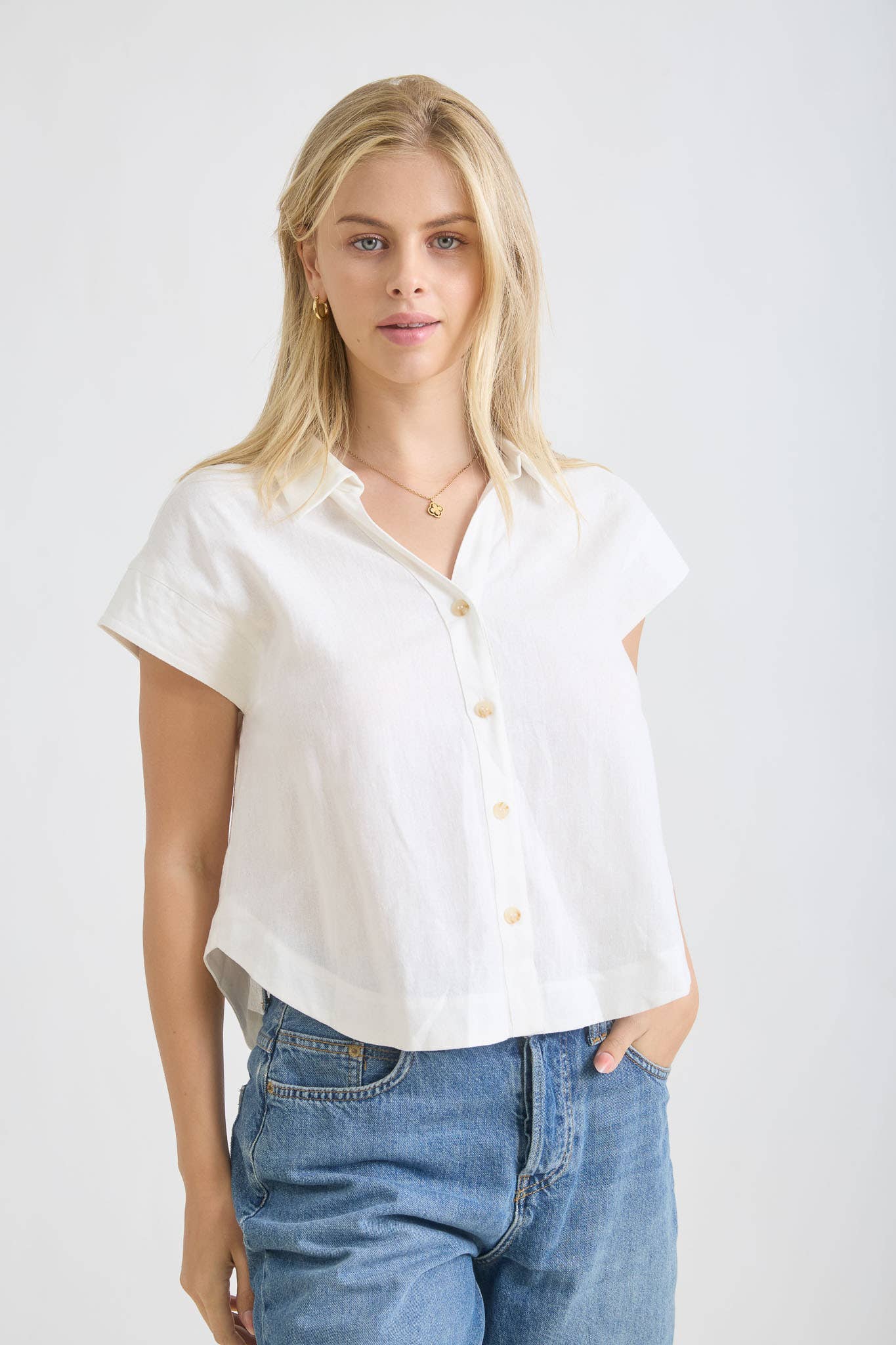 White Cap Sleeve Button Down Top- 142824