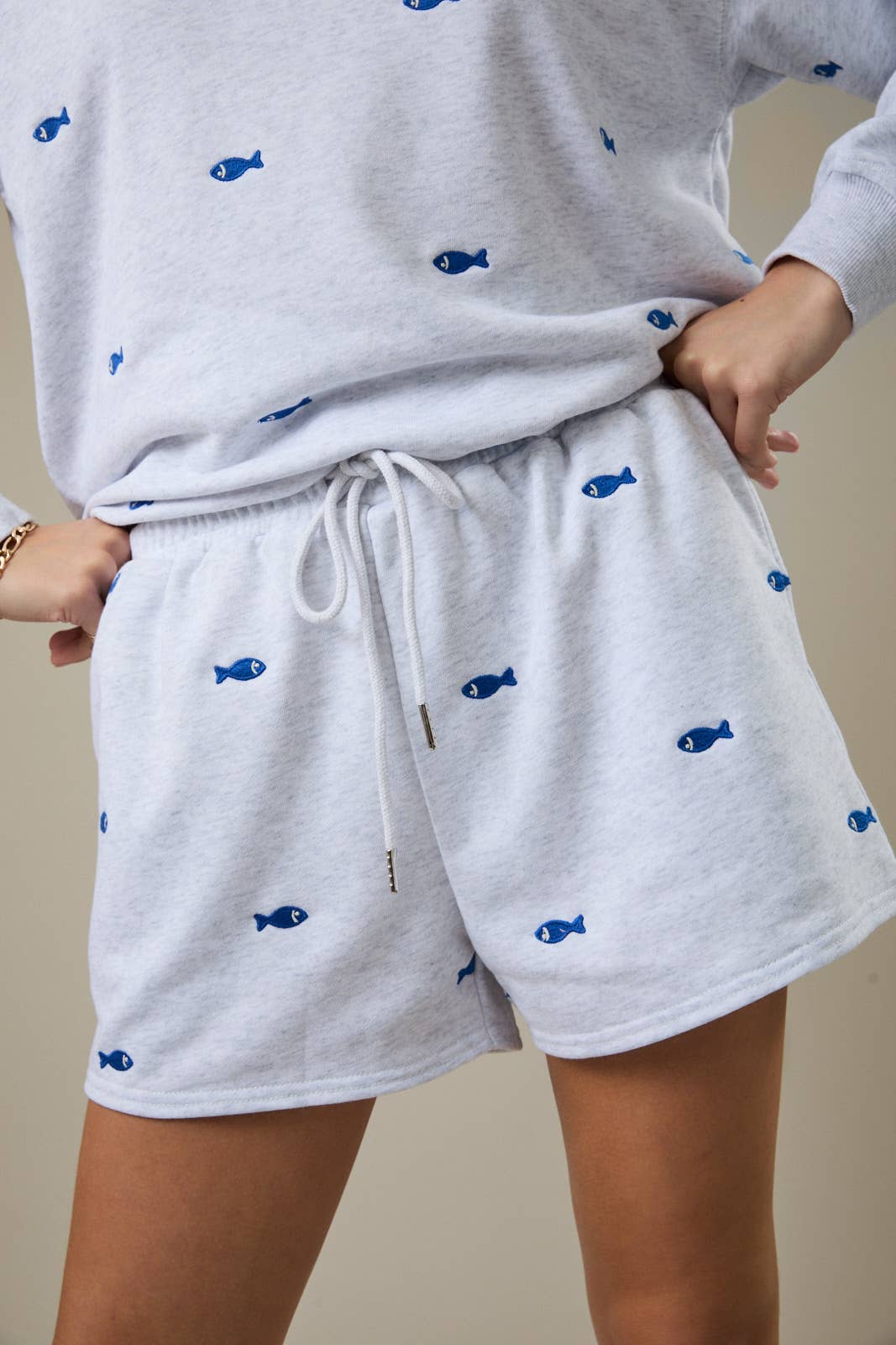 Gray with Blue Embroidered Fish Shorts - 111342