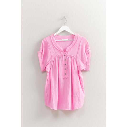 Soft Cotton Gauze Short Sleeve Flirty Button Down Blouse