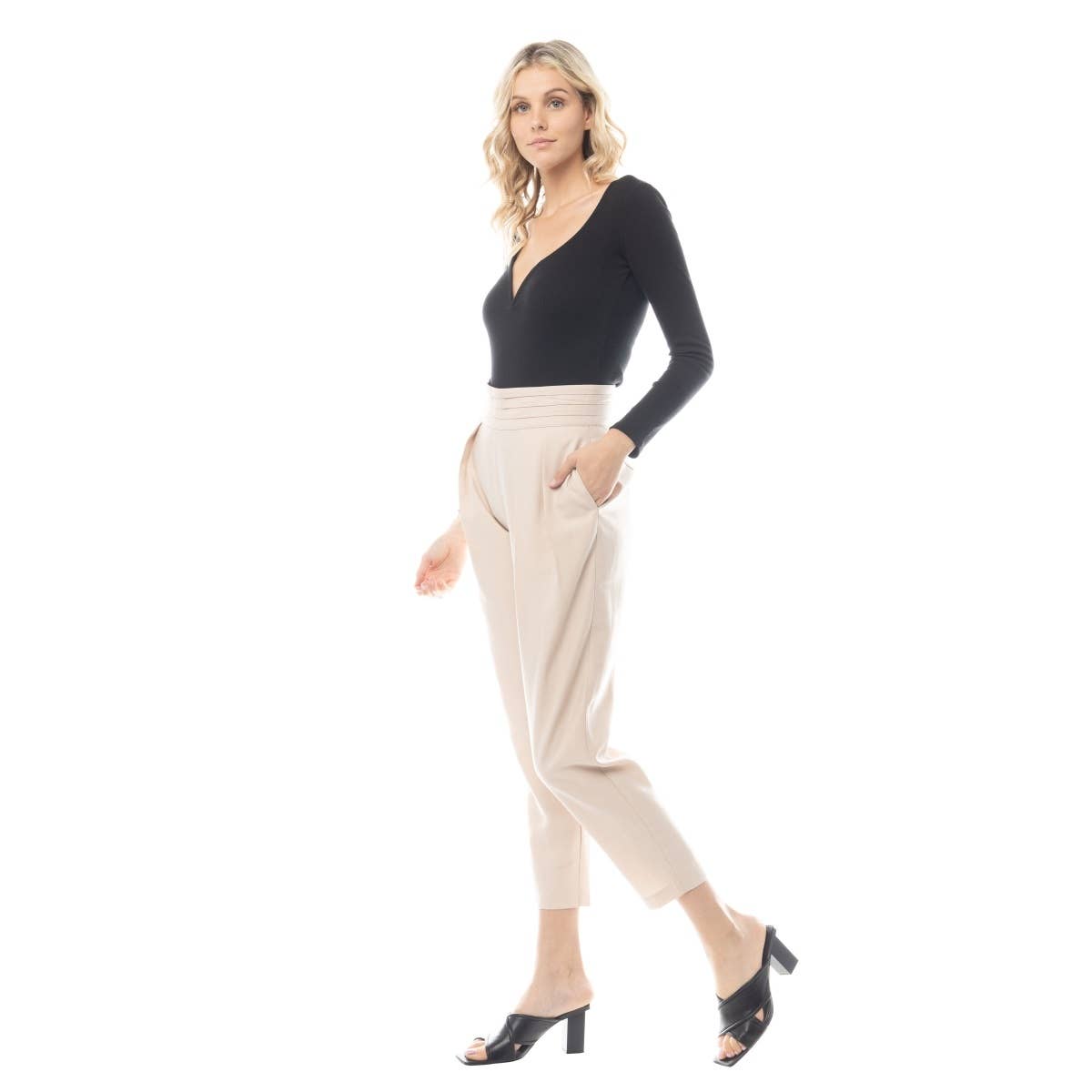 Beige Tuxedo Waist Pleat Detail Trousers - 136792