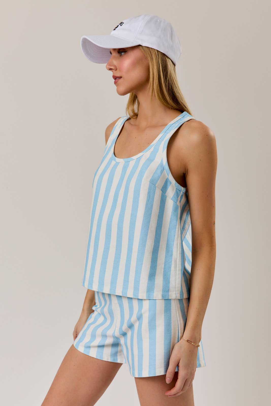 White w/ Light Blue Elongated Stripes U-Neck Twill Top-142109