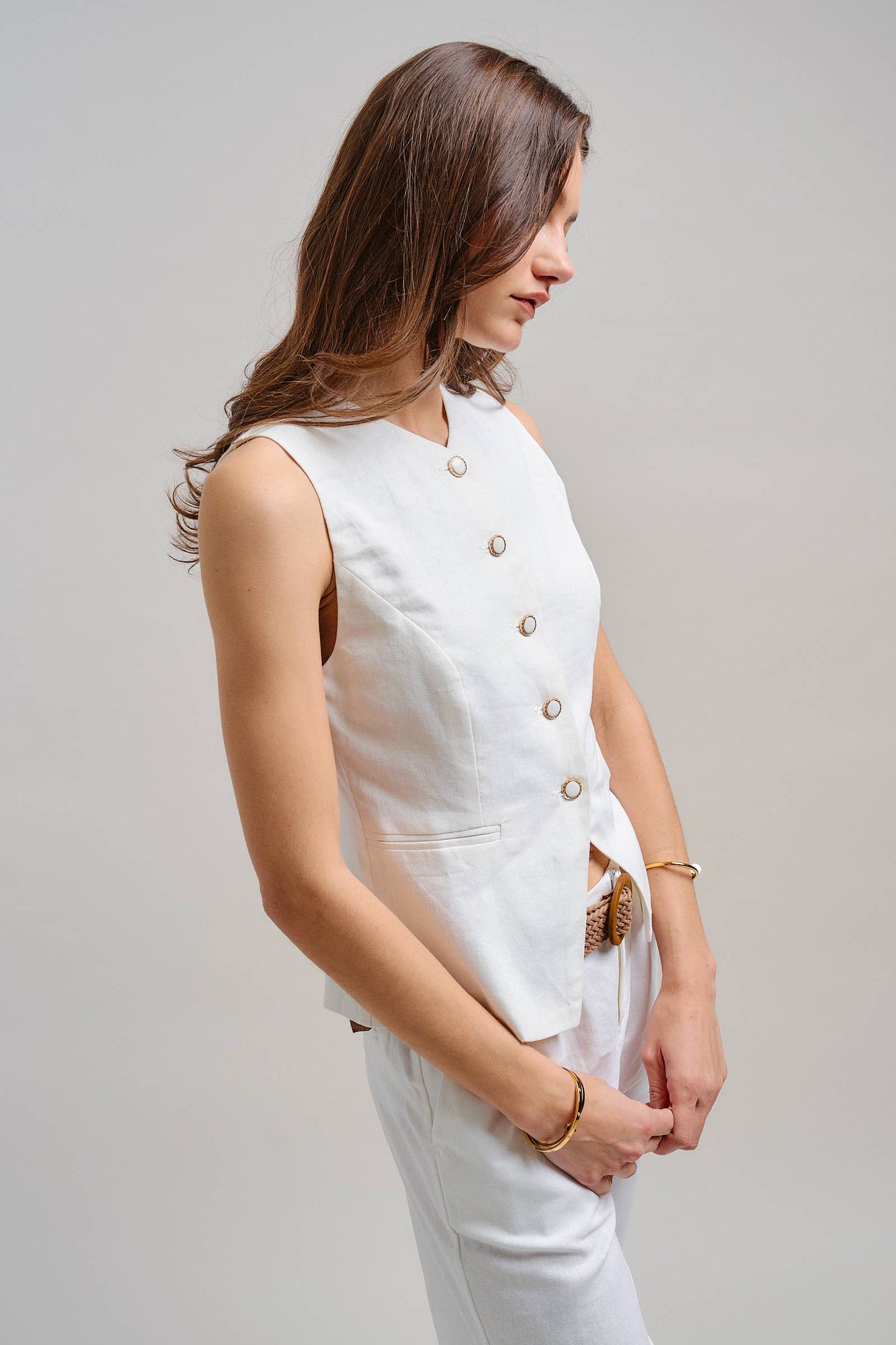 Natural Tailored Linen Blend Waistcoat Vest-141377