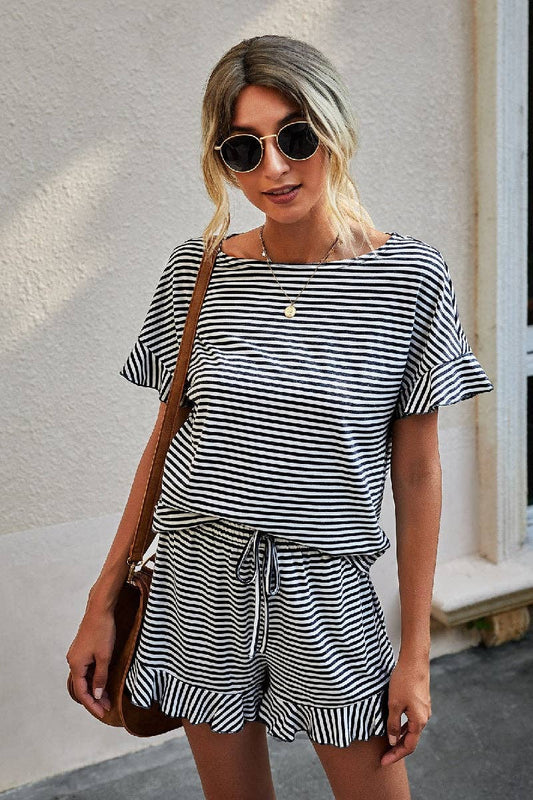 Boat Neck Grey/White Striped Top Ruffled Short Set