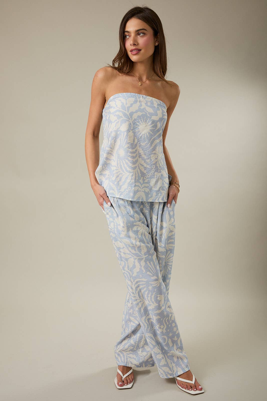 Periwinkle and Cream Abstract Strapless Top- 142094