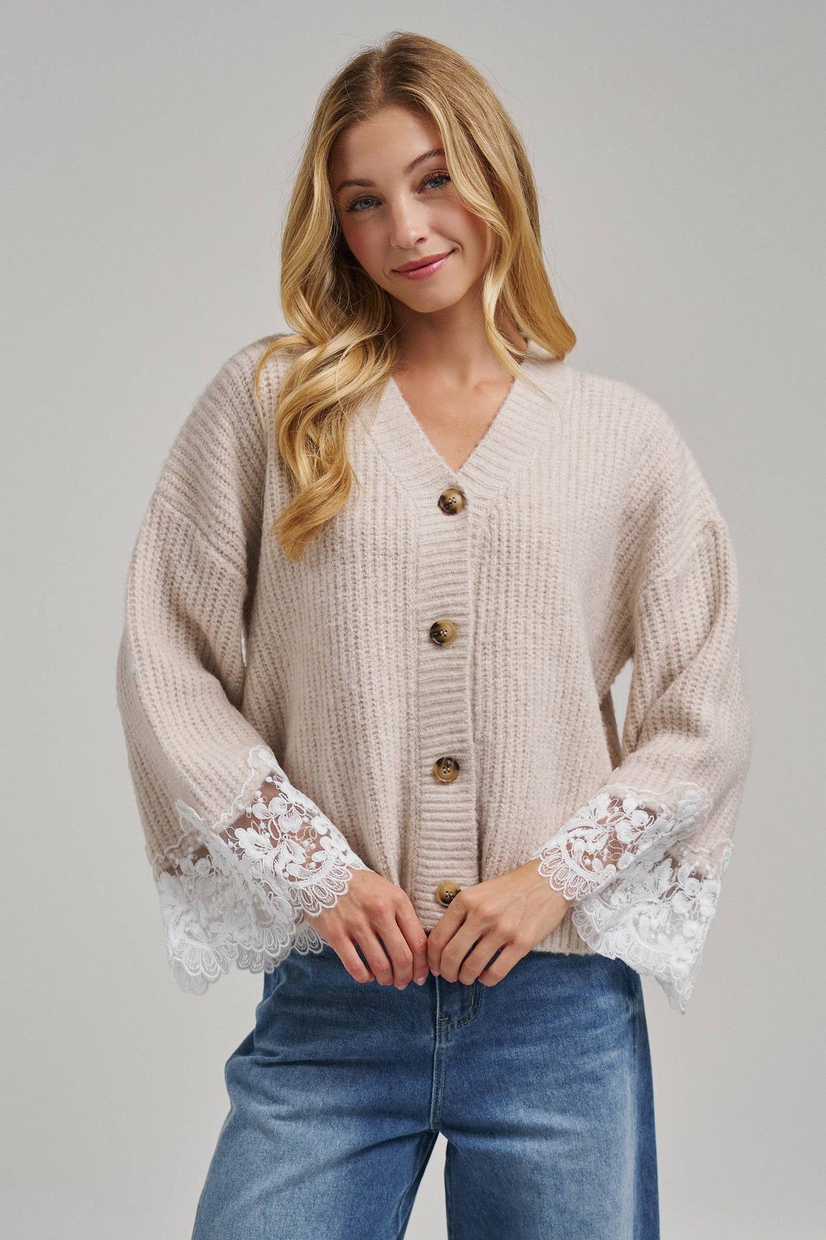 Oatmeal V-Neck Lace Cuff Cardigan-150428