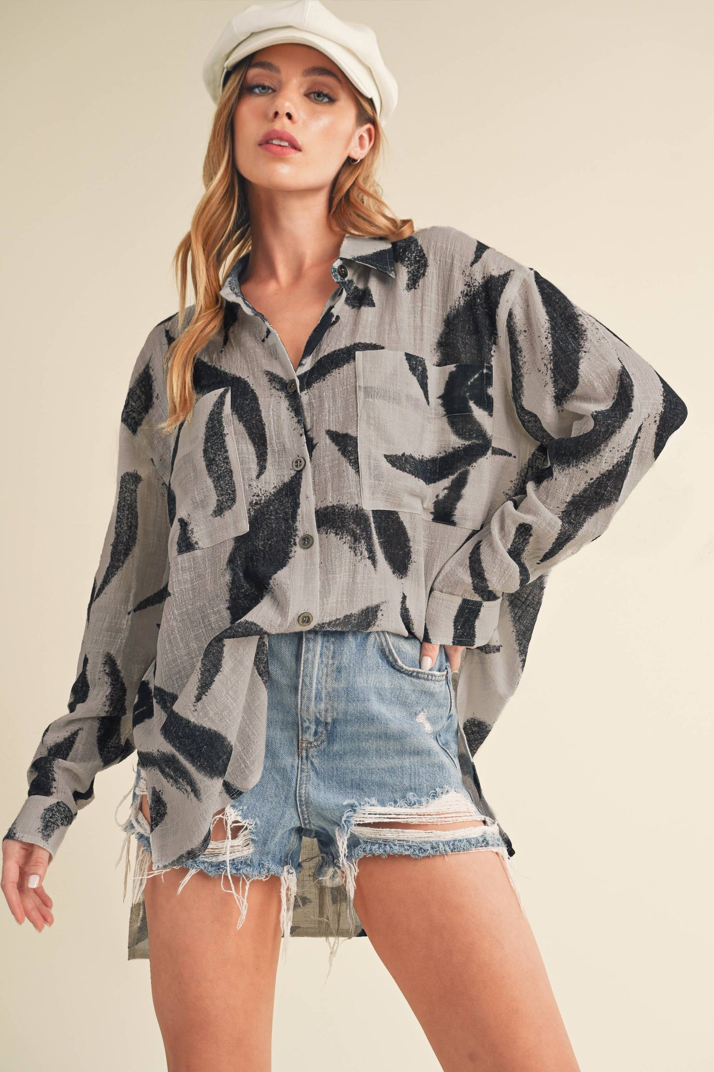 Elodie Grey and Black Linen Printed Button Up Shirt