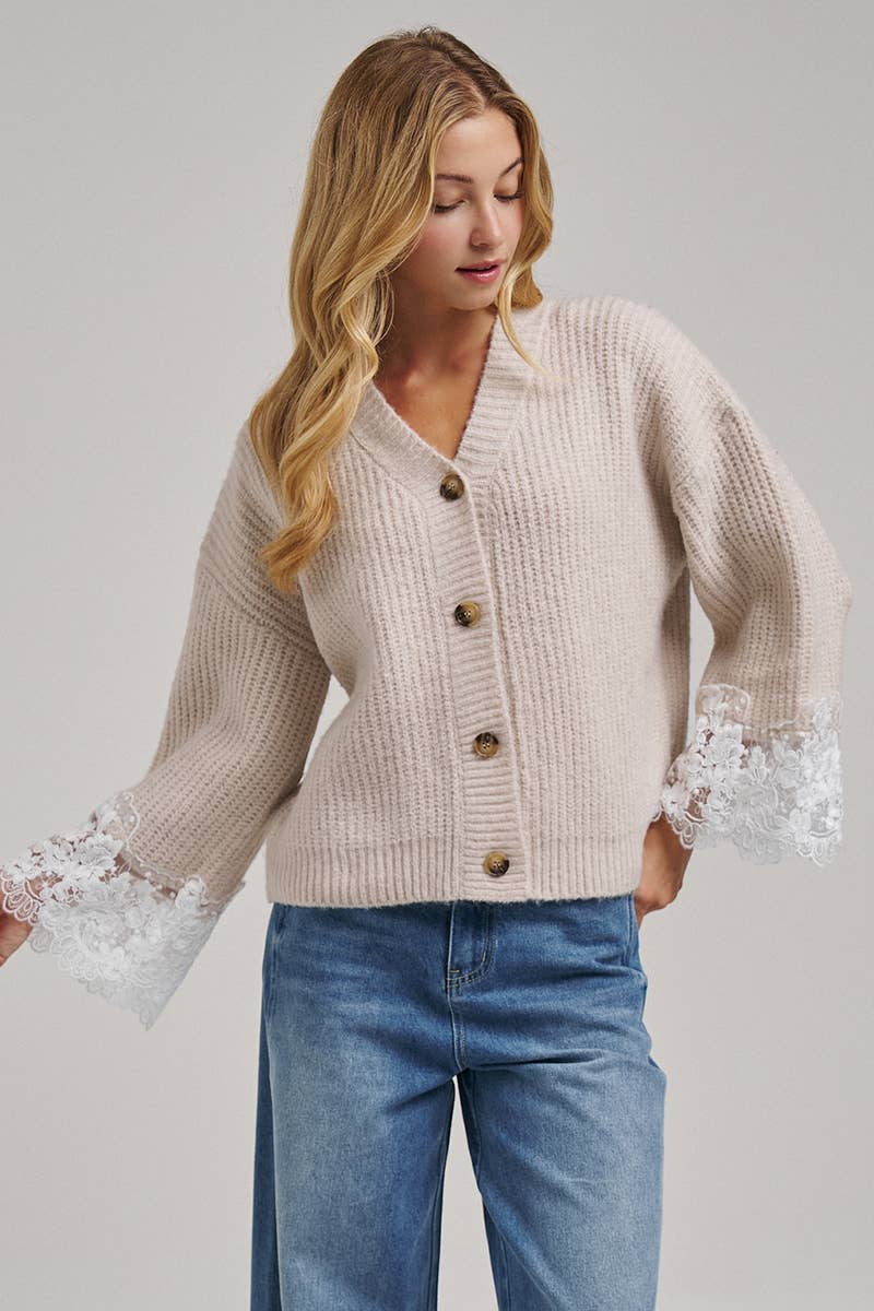 Oatmeal V-Neck Lace Cuff Cardigan-150428