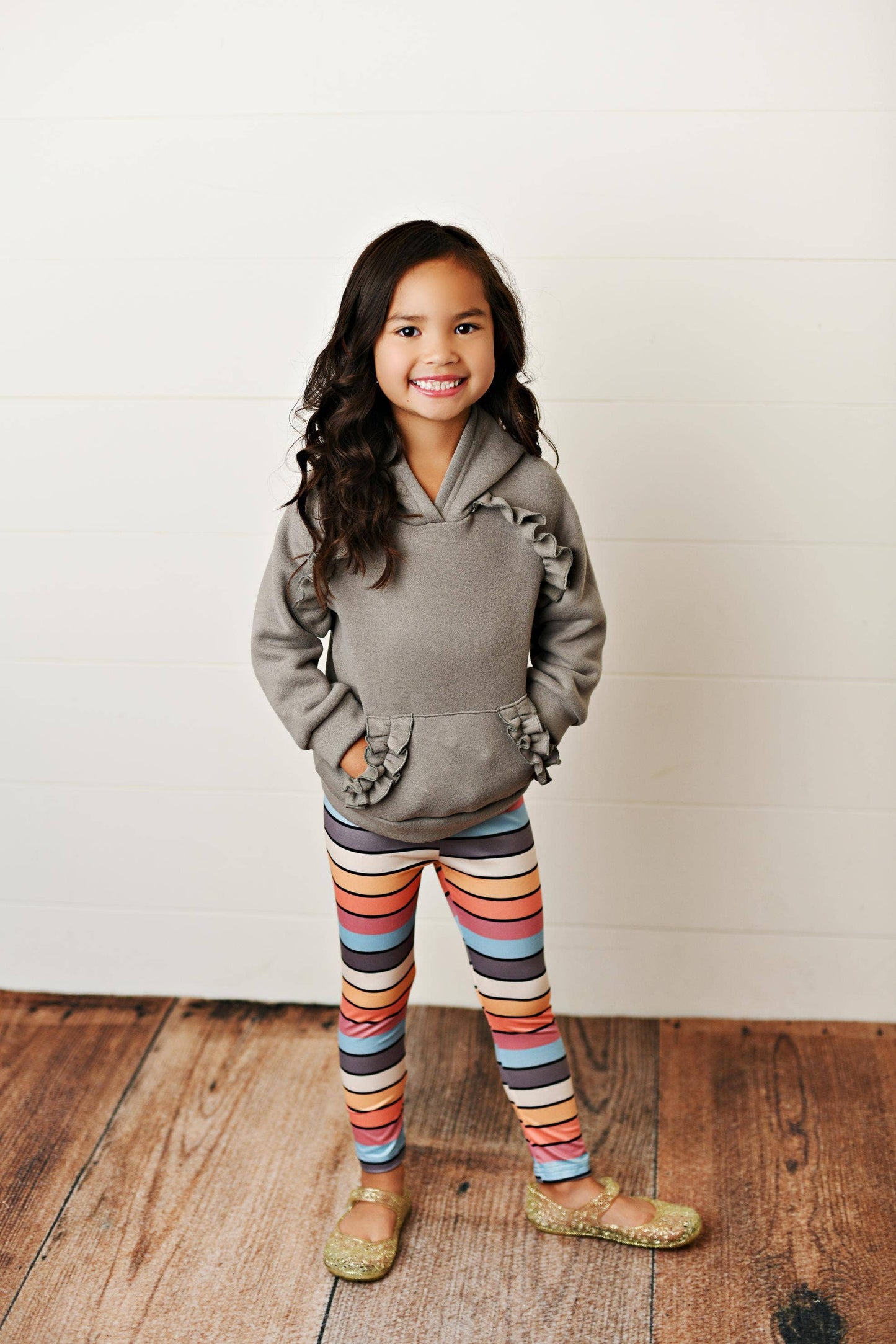 Gray Ruffle Hoodie and Rainbow Stripe Leggings Set